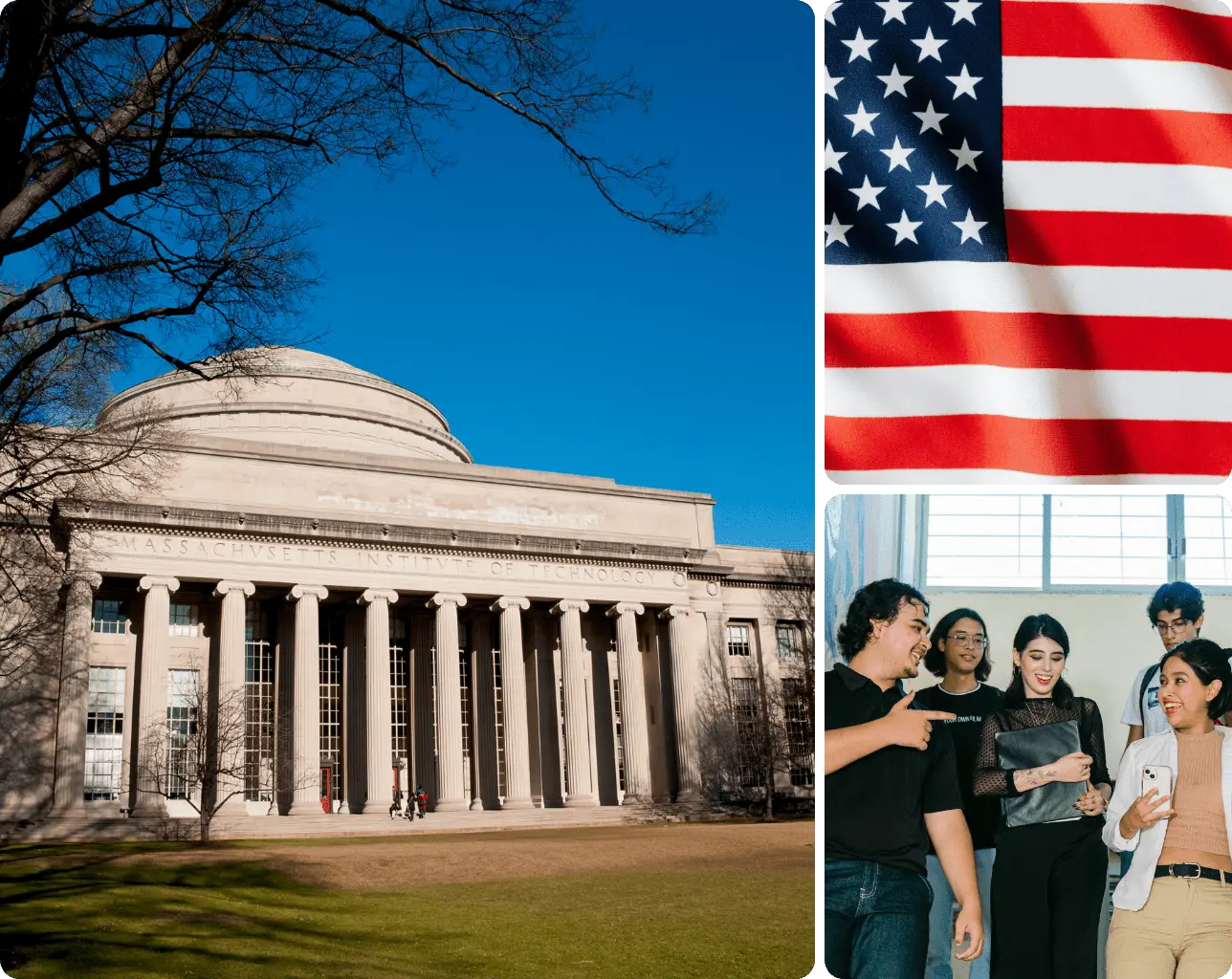 Collage featuring MIT campus architecture, the American flag, and students representing career prospects in the USA