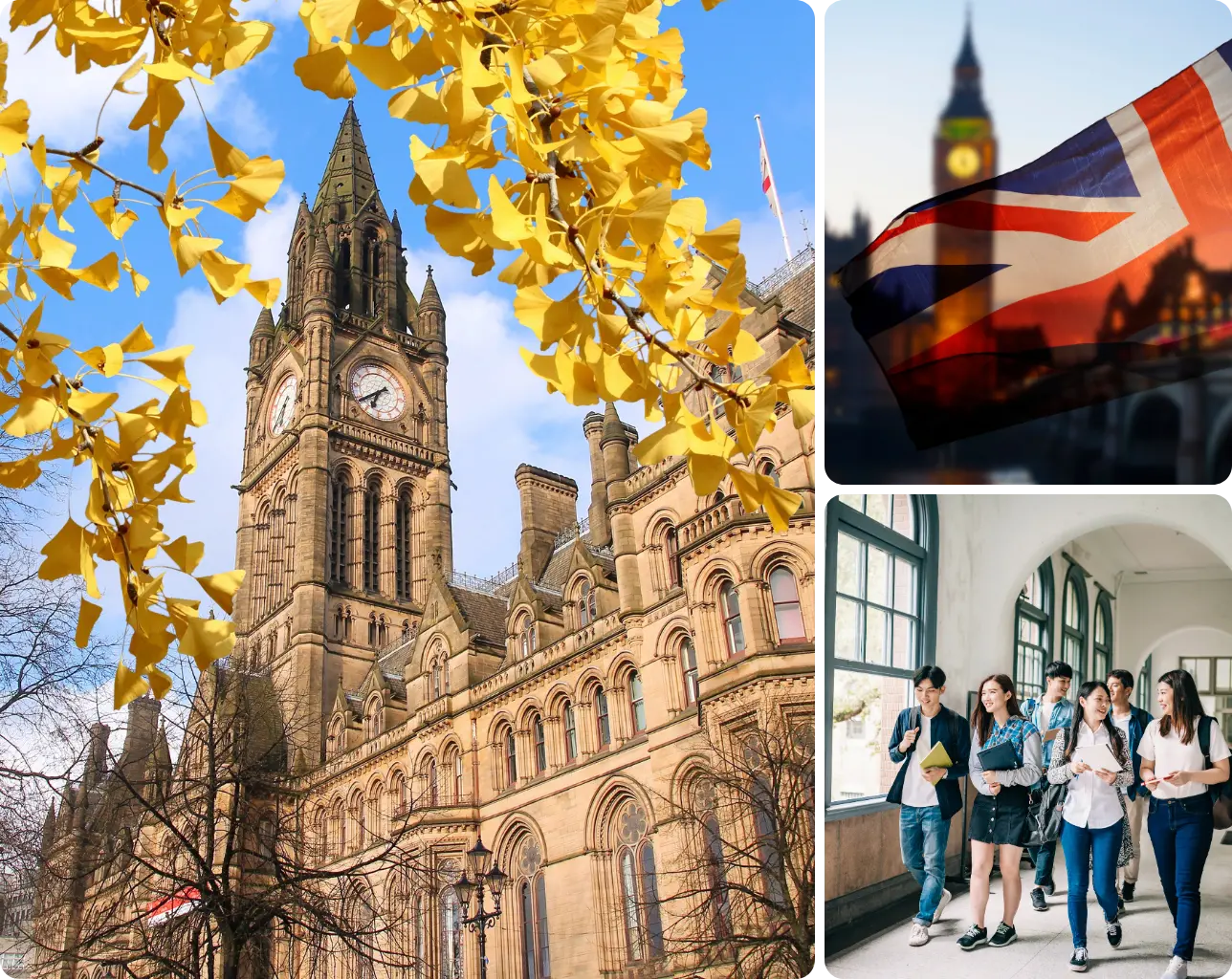 Collage showing historical UK university architecture, the Union Jack flag, and students walking on campus - Careers in UK