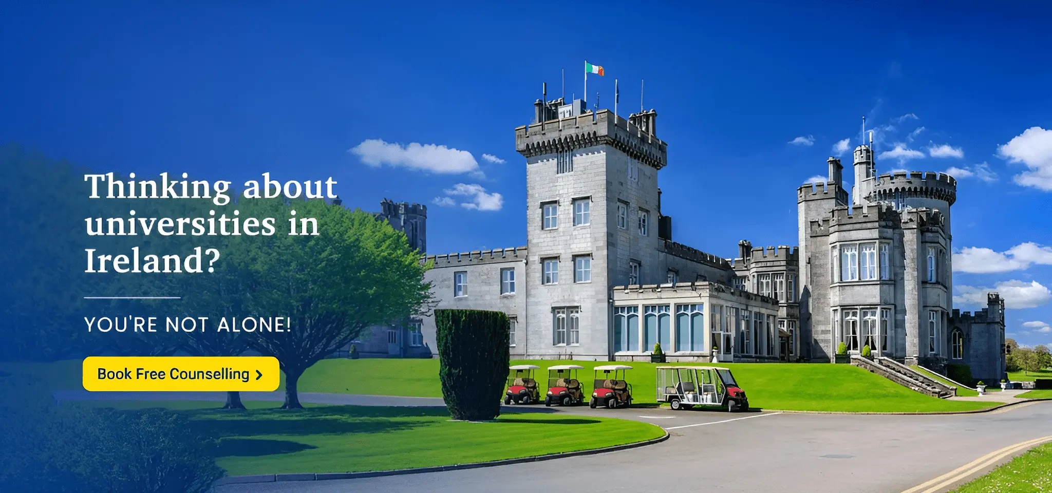 ISEC Banner: Thinking about universities in Ireland? Built-in text against a modern Dublin cityscape