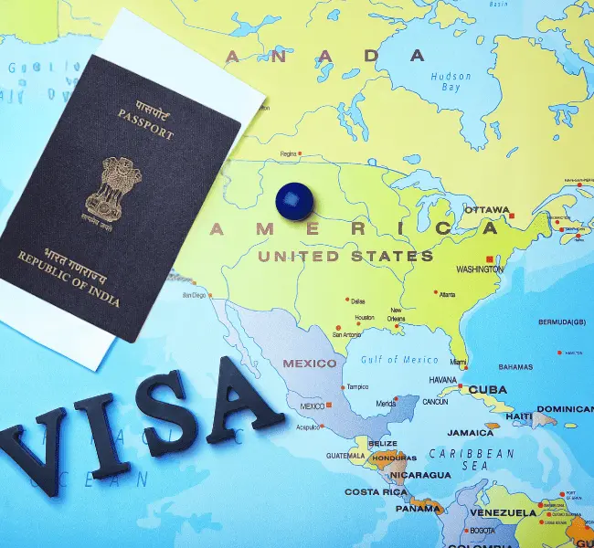 An Indian passport on a world map with built-in text: VISA APPLICATION PROCESS. ISEC student visa services for global destinations