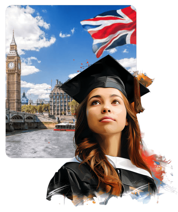 Student in graduation gown with Big Ben and UK flag - Study in UK consultants
