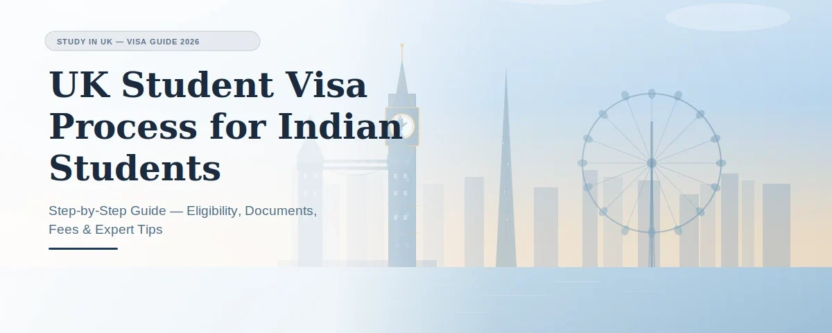UK Student Visa Process for Indian Students. Step-by-Step Guide with London skyline featuring Big Ben, Tower Bridge, and the London Eye