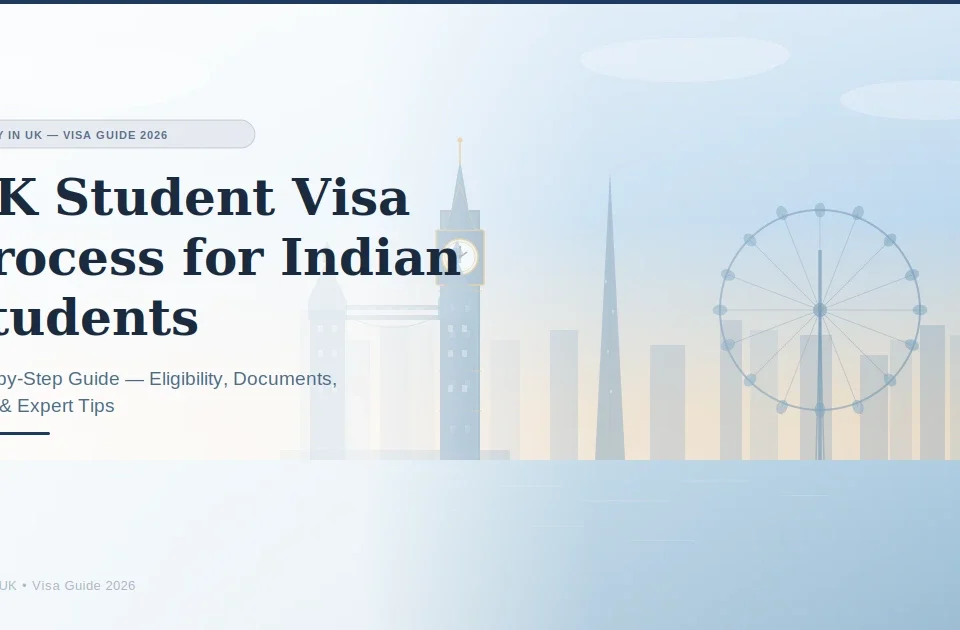 UK Student Visa Process for Indian Students. Step-by-Step Guide with London skyline featuring Big Ben, Tower Bridge, and the London Eye